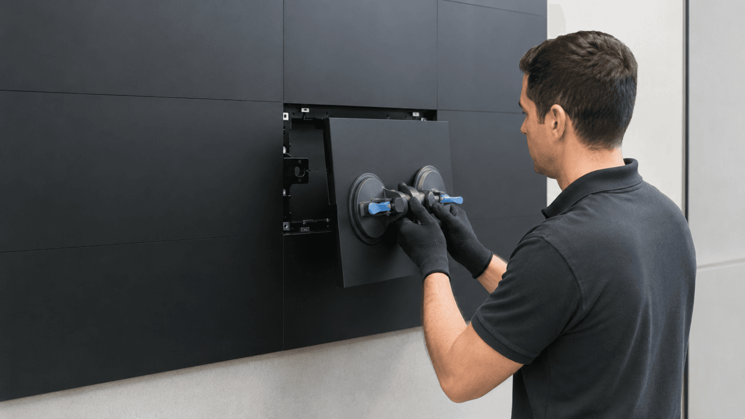 Técnico remove um módulo pela parte frontal de um painel de LED desligado.