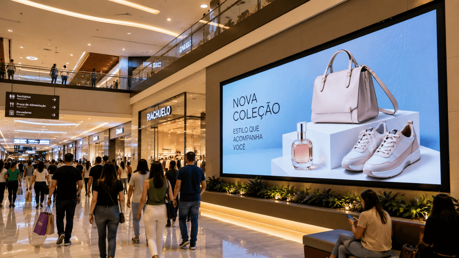 Operação de conteúdo para painel de LED em shopping center com gestão de campanhas digitais.